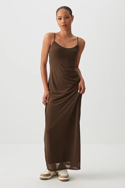 Ardene V-Neck Maxi Mesh Dress in Brown | Size | Polyester/Spandex