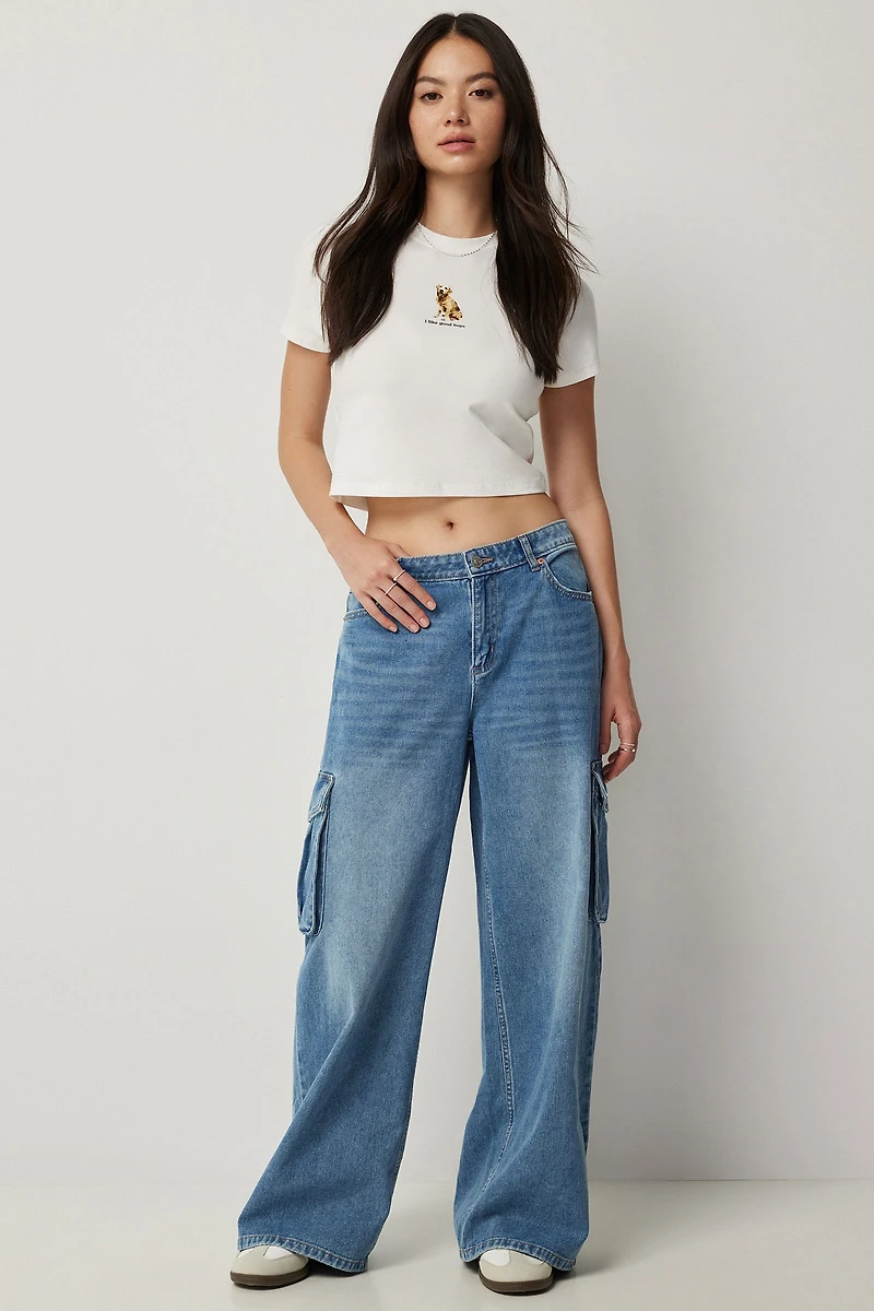 Ardene Mid Rise Wide Leg Cargo Jean in Medium Blue | Size 7 | Polyester/Rayon/Cotton