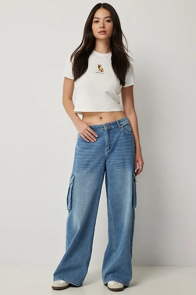 Ardene Mid Rise Wide Leg Cargo Jean in Medium Blue | Size 7 | Polyester/Rayon/Cotton