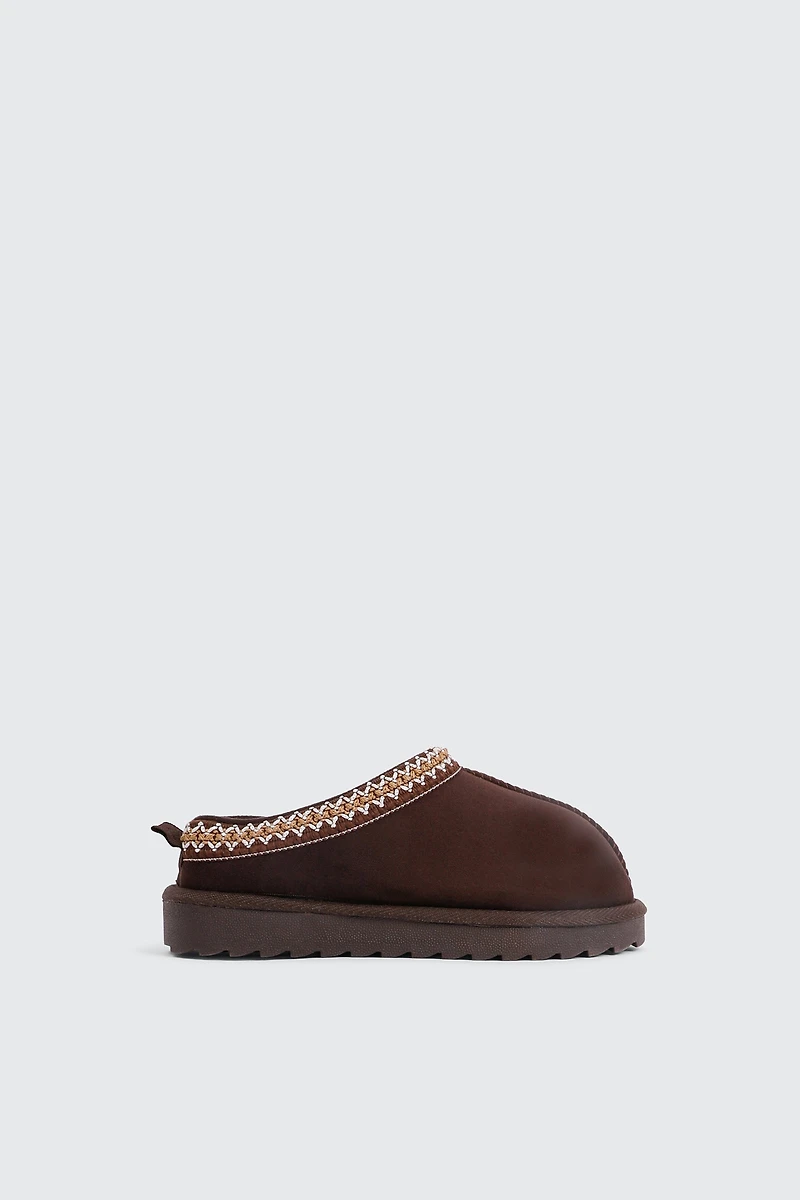 Ardene Kids Faux Sheepskin Clogs with Accent Trim in Brown | Size | Faux Suede