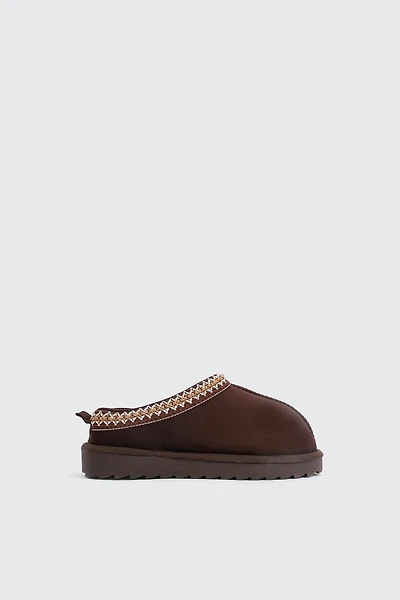 Ardene Kids Faux Sheepskin Clogs with Accent Trim in Brown | Size | Faux Suede