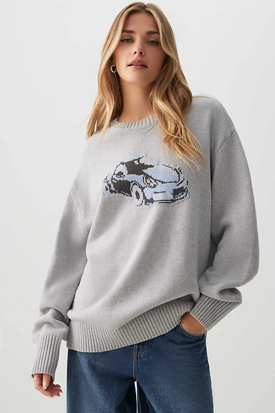 Ardene Graphic Long Oversized Sweater in Grey | Size | 100% Cotton