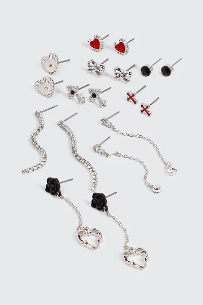 Ardene 9-Pack Red & Black Earrings in Silver | Stainless Steel