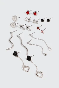 Ardene 9-Pack Red & Black Earrings in Silver | Stainless Steel