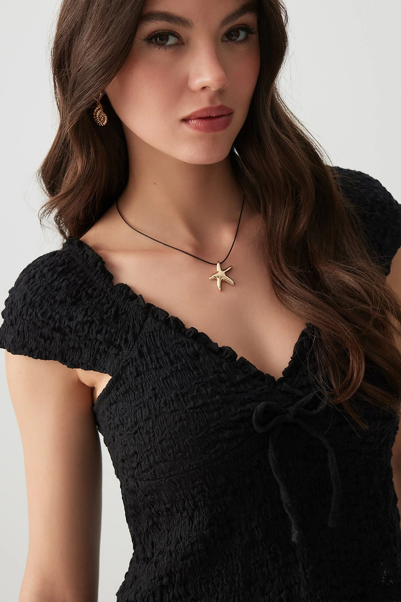 Ardene Textured Top with Bow detail in Black | Size Large | Polyester/Cotton/Elastane