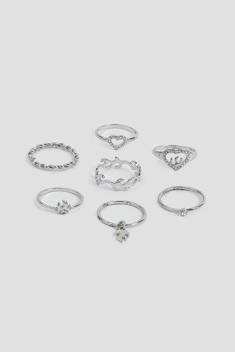 Ardene 7-Pack Flame & Heart Rings in Silver | Size Small