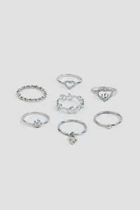 Ardene 7-Pack Flame & Heart Rings in Silver | Size Small
