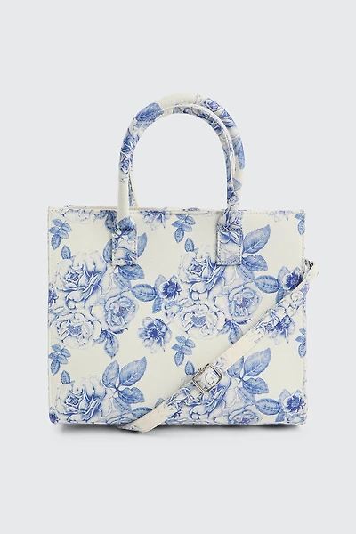 Ardene Floral Canvas Tote Bag in Medium Blue | 100% Recycled Polyester | Eco-Conscious