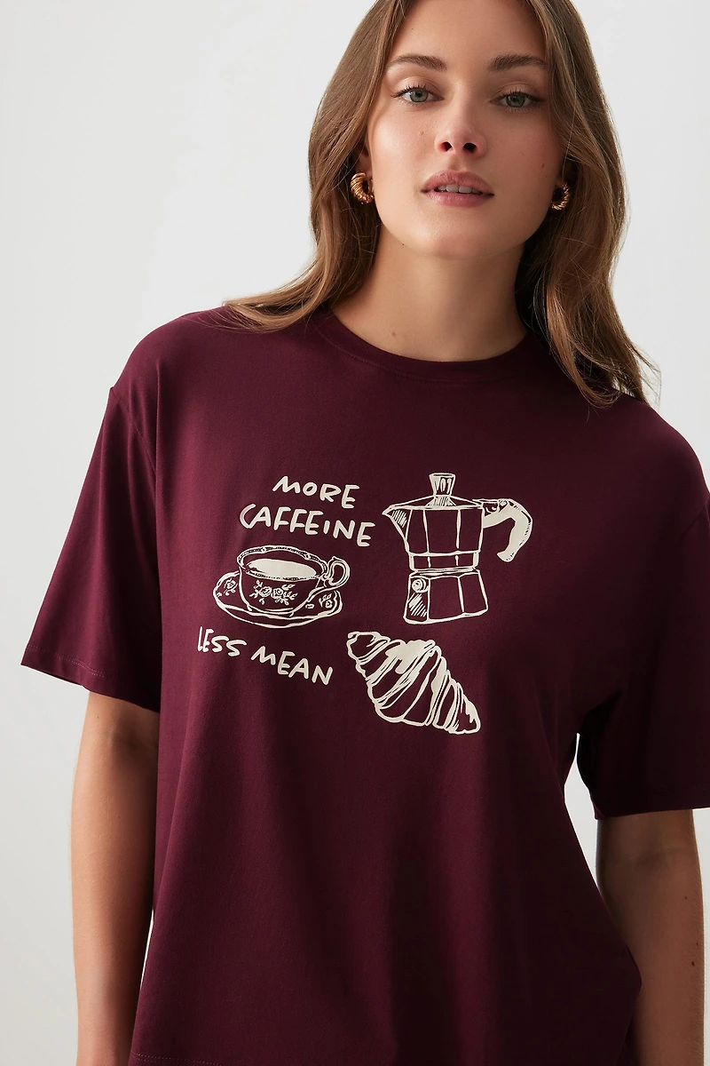 Ardene Loose Fit Graphic PJ Top in Burgundy | Size | Polyester/Spandex | Eco-Conscious