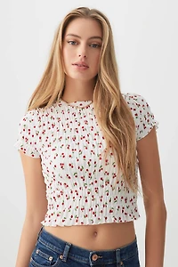 Ardene Smocked Printed T-Shirt in White | Size Large | Polyester/Elastane