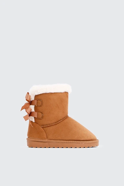 Ardene Kids Faux Sheepskin Boots with Bow Details in Cognac | Size | Faux Suede
