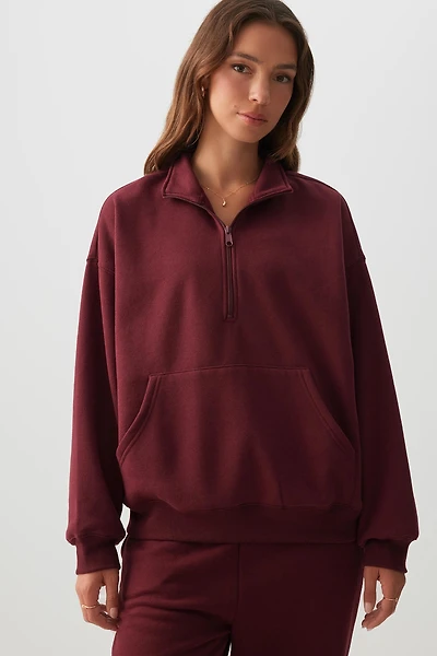 Ardene MADESOFT Fleece Oversized Half Zip Sweatshirt in Mahogany | Size | Polyester/Cotton | Eco-Conscious