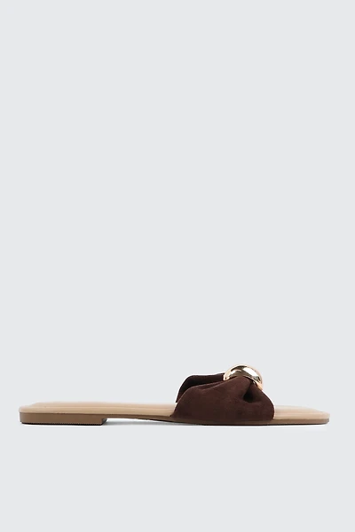 Ardene Flat Sandals with Gold Ornament in Brown | Size | Faux Suede