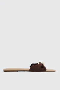 Ardene Flat Sandals with Gold Ornament in Brown | Size | Faux Suede