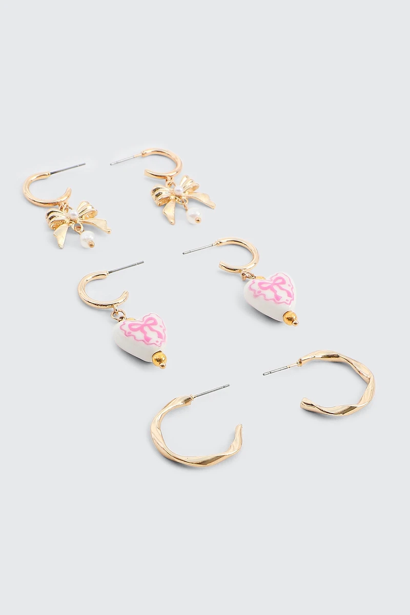 Ardene 3-Pack Bow & Heart Hoop Earrings in Gold | Stainless Steel