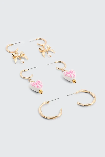Ardene 3-Pack Bow & Heart Hoop Earrings in Gold | Stainless Steel