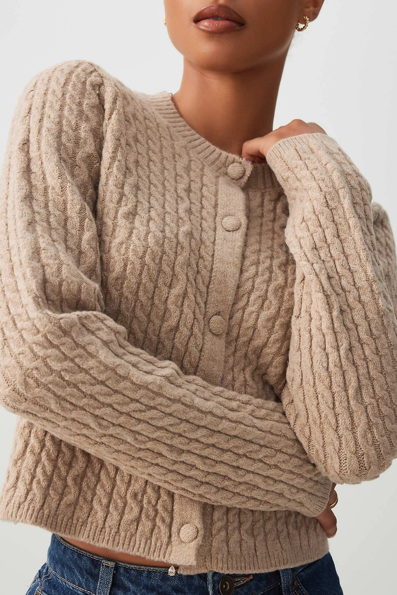 Ardene Cable Knit Crop Cardigan in Beige | Size | Polyester/Spandex