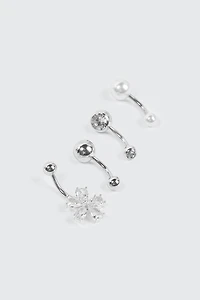 Ardene 4-Pack Daisy & Pearl Navel Piercings in Silver
