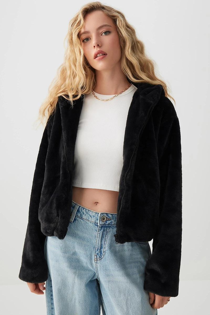 Ardene Short Hooded Faux Fur Jacket in | Size | Polyester