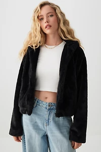 Ardene Short Hooded Faux Fur Jacket in | Size | Polyester