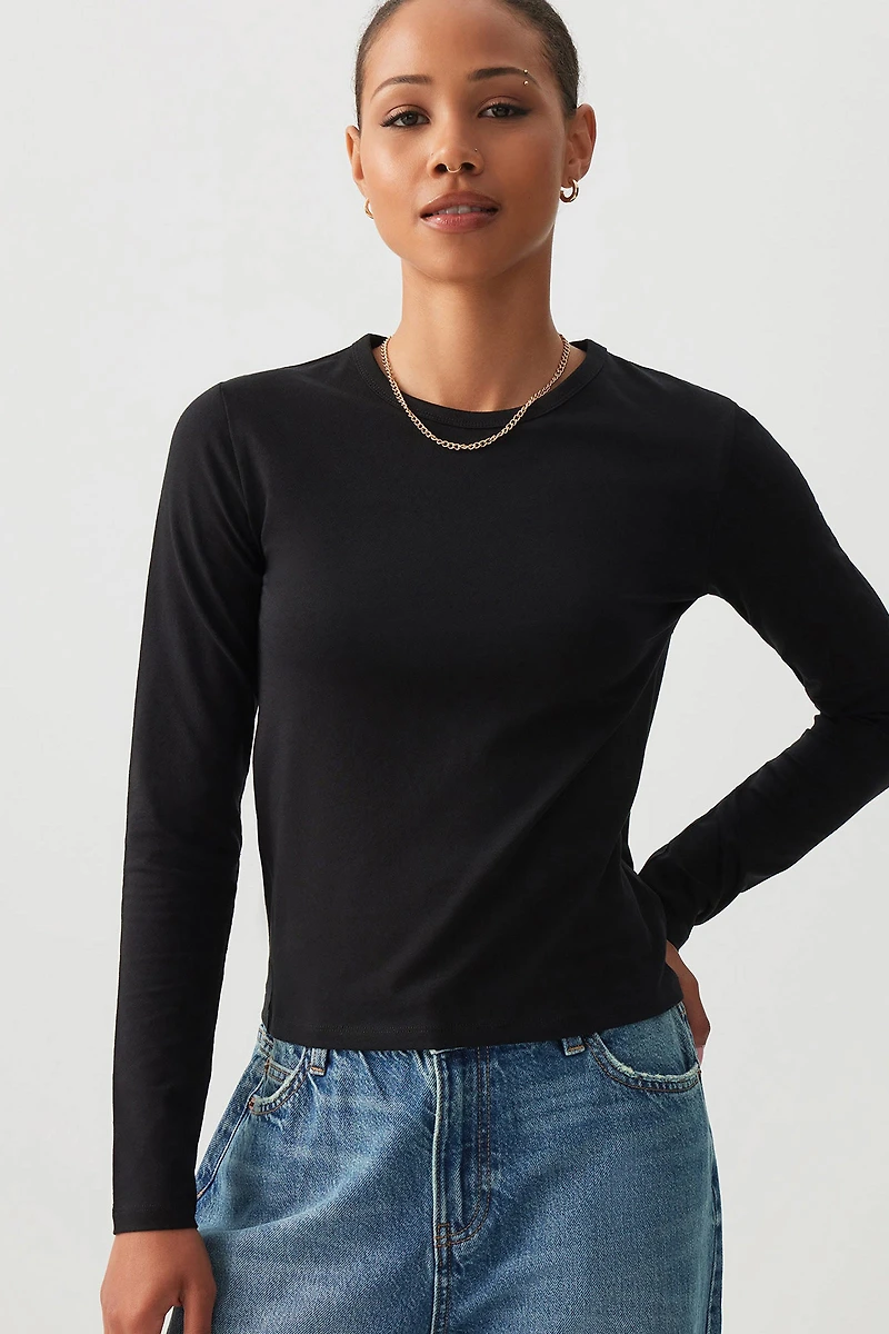 Ardene Basic Short Long Sleeve T-Shirt in | Size | Cotton/Elastane/Viscose | Eco-Conscious