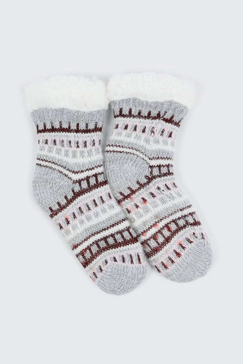 Ardene Fair Isle Slipper Socks in Grey | Size | Polyester/Spandex