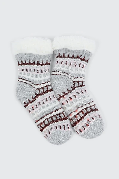 Ardene Fair Isle Slipper Socks in Grey | Size | Polyester/Spandex