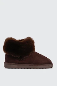 Ardene Faux Sheepskin Ankle Boots with Fur Trim in Brown | Size 7 | Faux Suede | Eco-Conscious