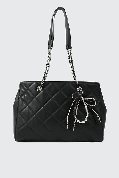 Ardene Topstitched Tote Bag with Charm in Black | 100% Recycled Polyester | Eco-Conscious