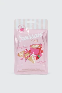 Ardene Croissant & Coffee Crew Socks in White | Polyester/Cotton/Elastane
