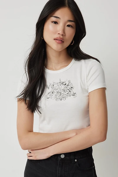 Ardene Crop Cap Sleeve T-Shirt with Print in White | Size | 100% Cotton