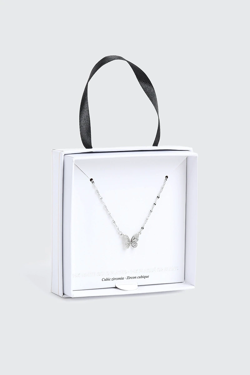 Collier papillon plaqué or blanc 14K