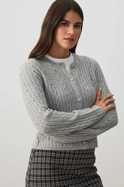 Ardene Cable Knit Crop Cardigan in Grey | Size Small | Polyester/Spandex