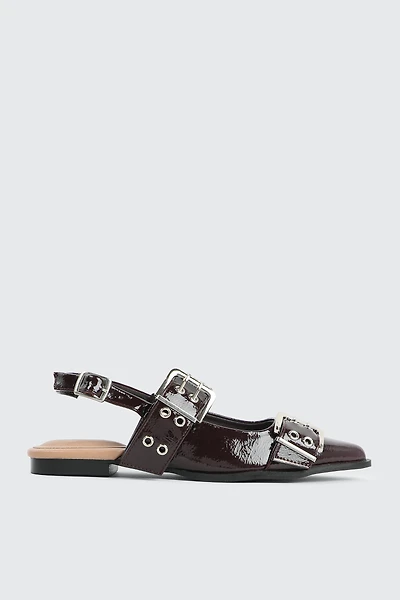 Ardene Sling Back Flats with Buckles in Burgundy | Size | Faux Leather | Eco-Conscious