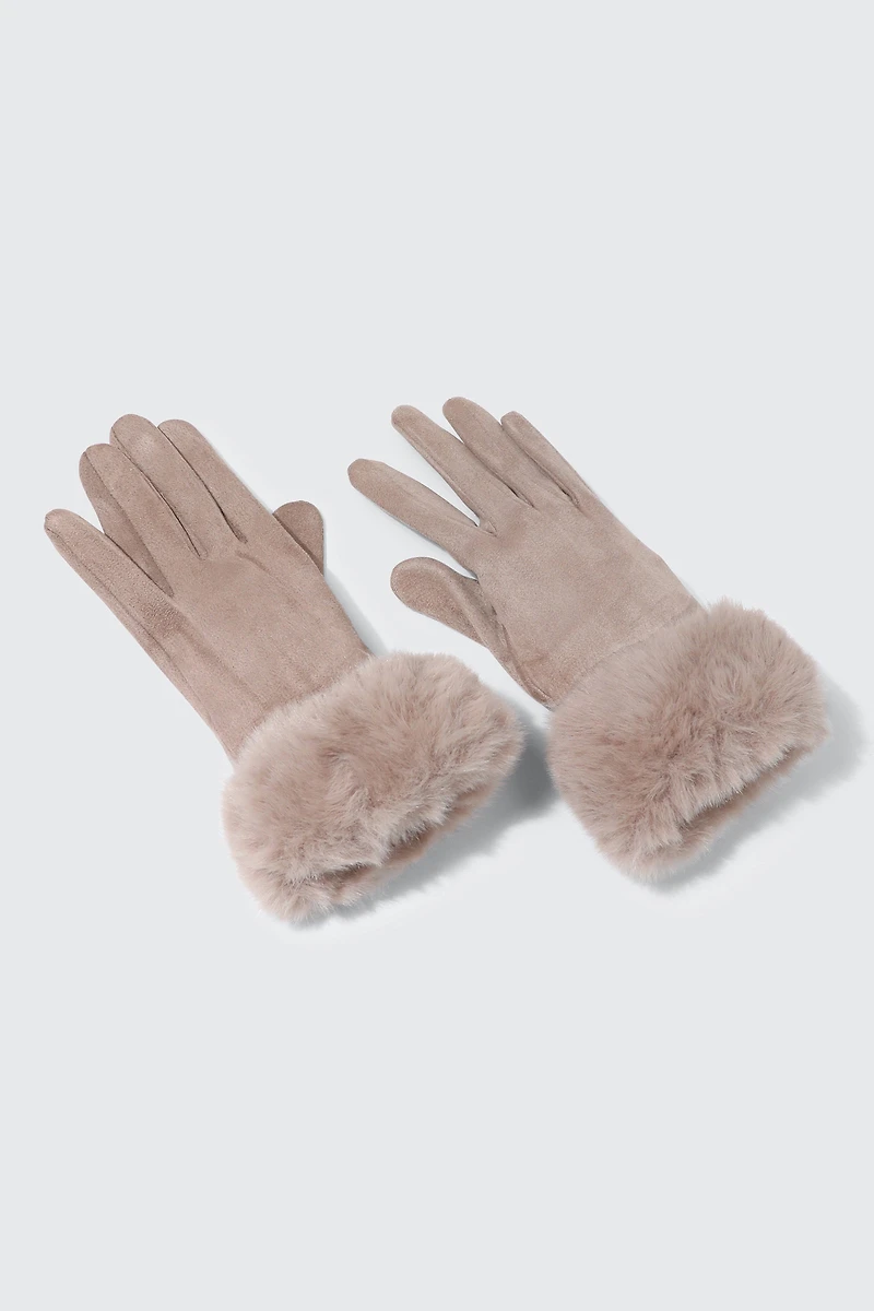 Ardene Faux Suede Gloves with Faux Fur Cuffs in Brown | Polyester