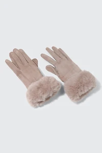 Ardene Faux Suede Gloves with Faux Fur Cuffs in Brown | Polyester