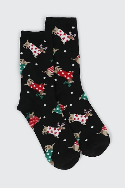Ardene Socks with Dogs in Fuzzy Sweaters in Black | Polyester/Spandex