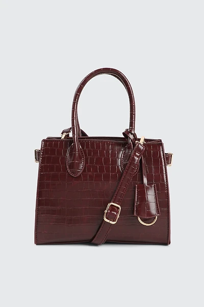 Ardene Tote Bag with Keychain in Burgundy | Faux Leather/Polyester