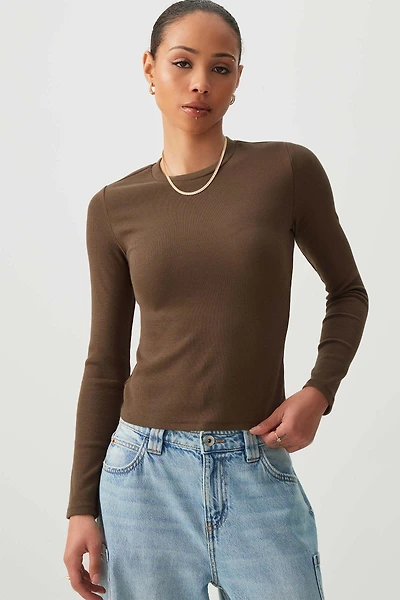 Ardene Rib Long Sleeve Fitted T-Shirt in | Size | Cotton/Elastane