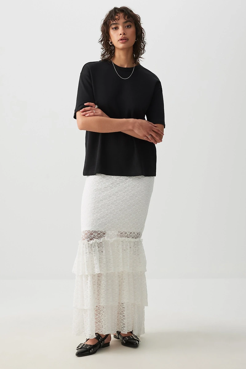 Ardene Lace Tiered Midi Skirt in White | Size | Nylon/Spandex