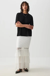 Ardene Lace Tiered Midi Skirt in White | Size | Nylon/Spandex