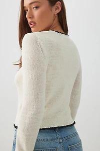 Cardigan court boutonné à bordures contrastantes