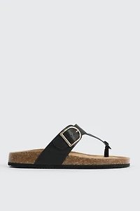Ardene T-Strap Buckle Sandals in Black | Size | Faux Leather | Eco-Conscious