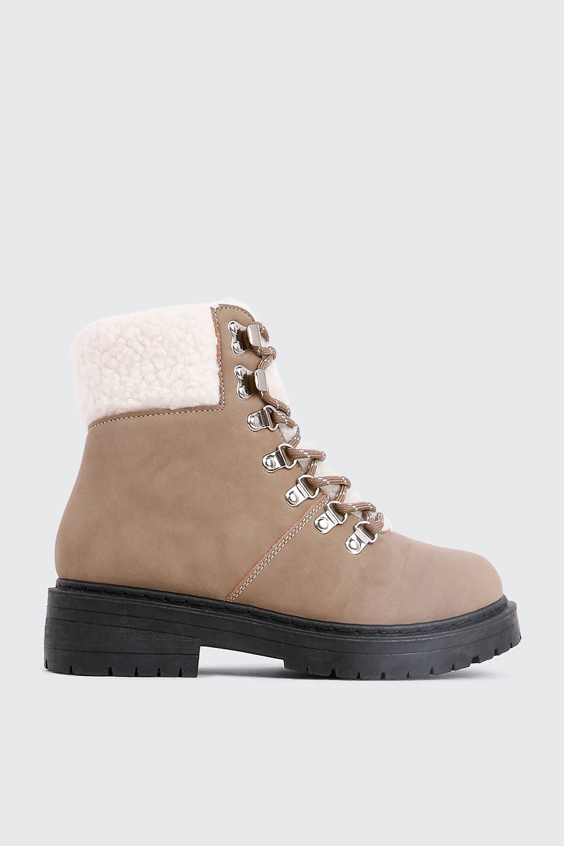 Ardene Winter Hiker Booties with Sherpa Collar in Beige | Size | Faux Suede