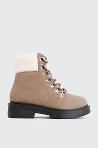 Ardene Winter Hiker Booties with Sherpa Collar in Beige | Size | Faux Suede