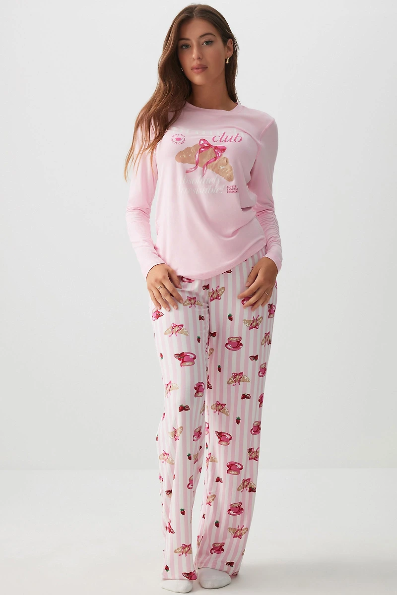 Ardene HUSHKNIT Long PJ Set in Light Pink | Size | Polyester/Elastane | Eco-Conscious
