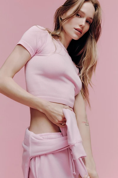 Ardene Crop Seamless Crew Neck T-Shirt in Petal Pink | Size | Polyester/Nylon/Elastane