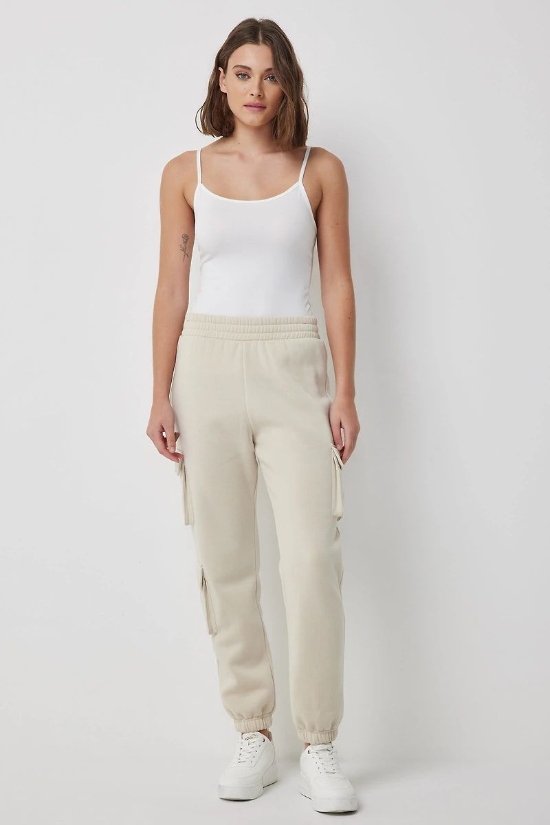 Ardene 3-Pocket Cargo Sweatpants in Beige | Size Large | Polyester/Cotton | Fleece-Lined