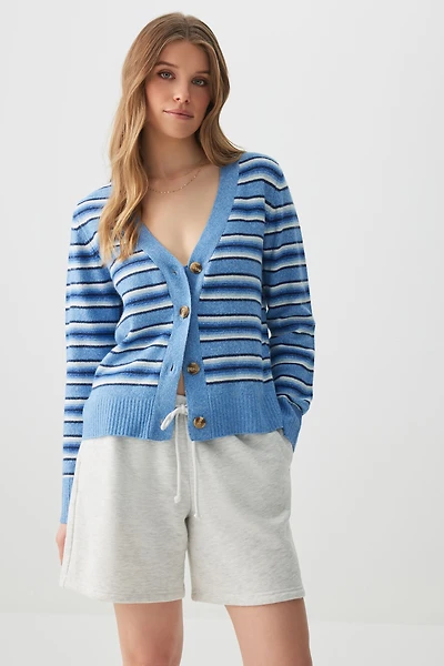 Ardene Striped Cardigan in Medium Blue | Size Large | Polyester/Nylon/Spandex