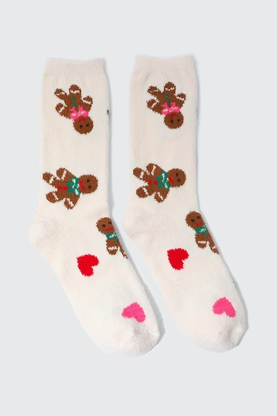 Ardene Gingerbread Man & Heart Cozy Socks in Beige | Polyester/Spandex